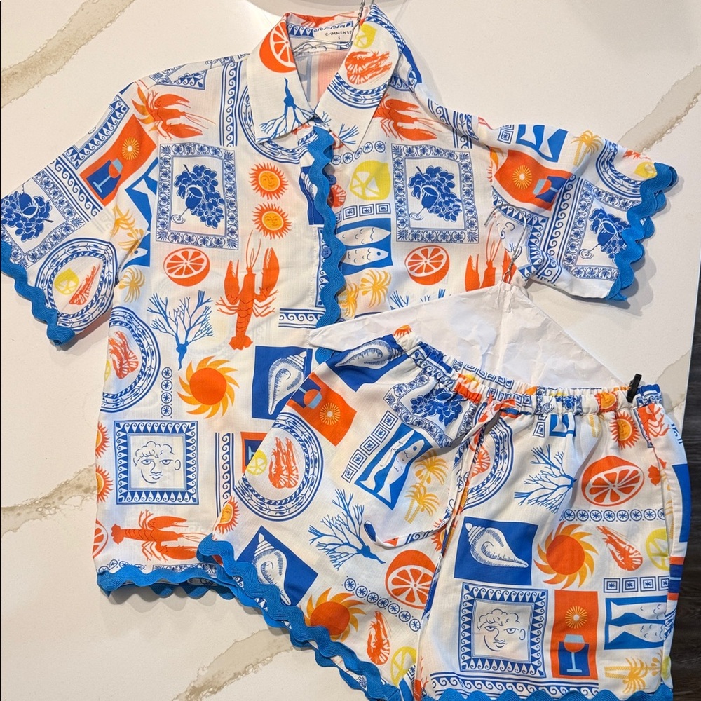 Commense Blue and Orange Patterned Women Shorts SET